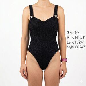 VTG Mainstream Black Textured One Piece Swimsuit Heart Buttons Size 10 USA Made
